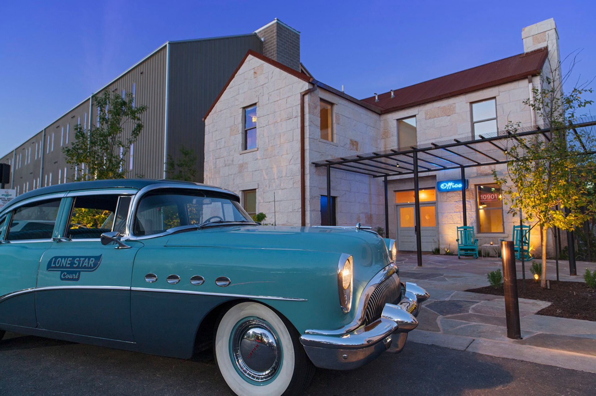 Vintage Lone Star Court Car and Front Entrance to Lobby