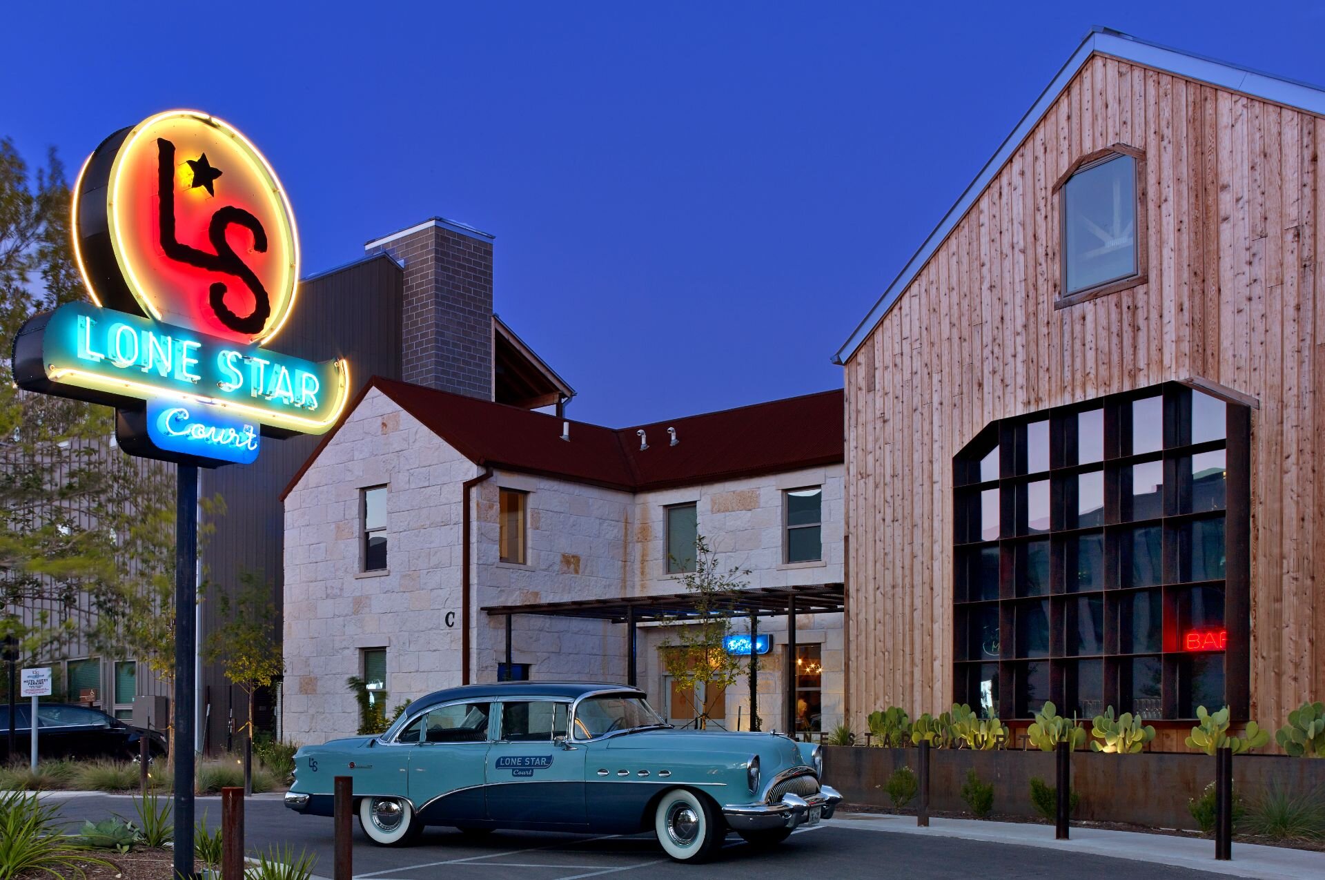 hotel exterior at dusk